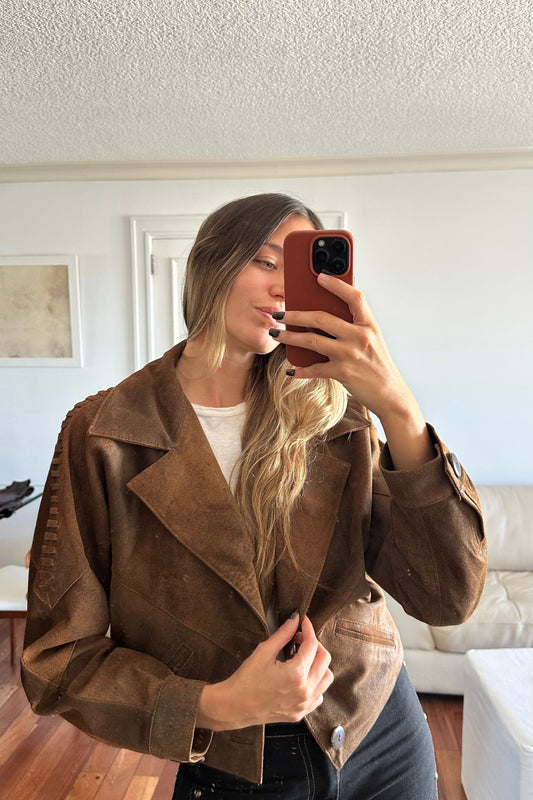 New Bomber Crop cuero marrón vintage