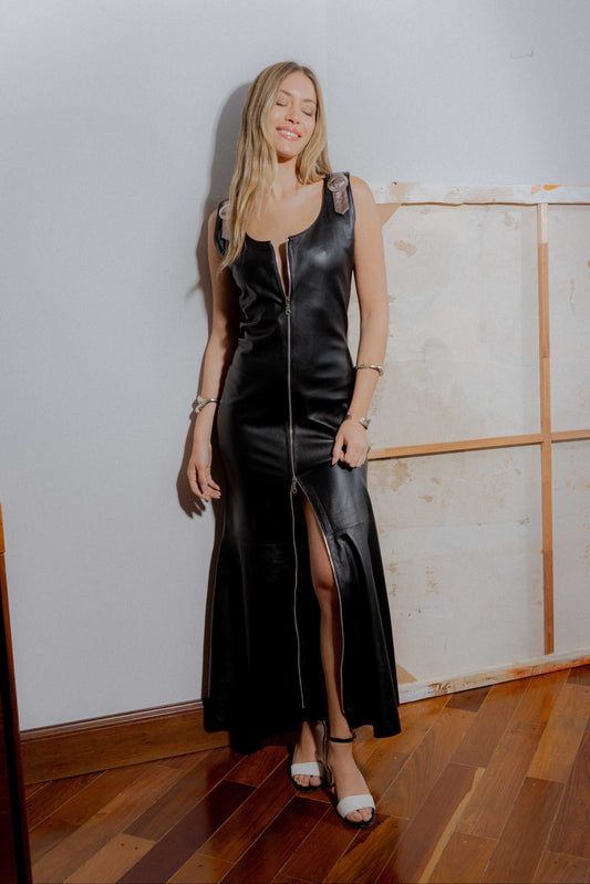 Vestido Male cuero negro y platino