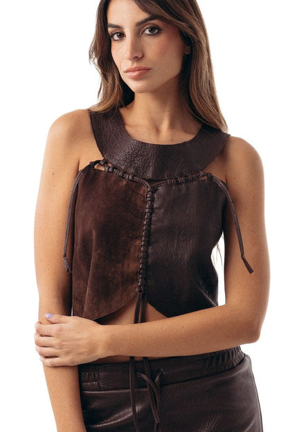 Top Roll de cuero chocolate y distress, Bowa Uruguay