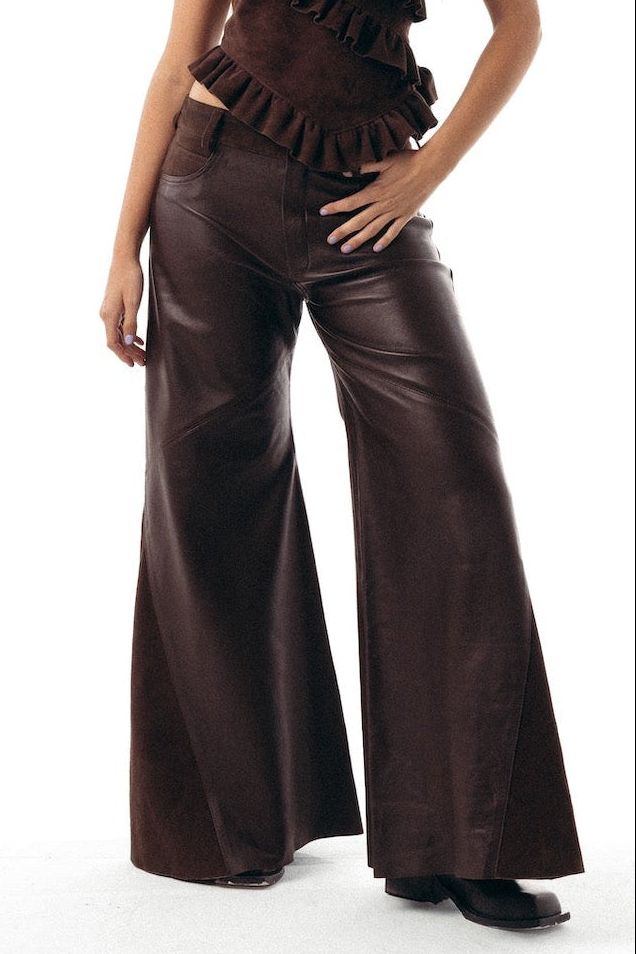 Pantalón wide leg de cuero chocolate para mujer