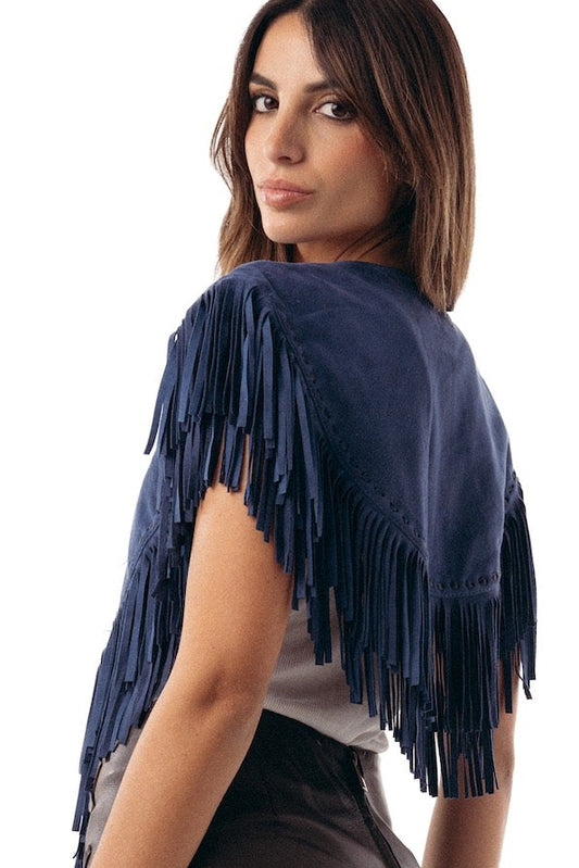 Capa de gamuza azul con flecos, Bowa Uruguay
