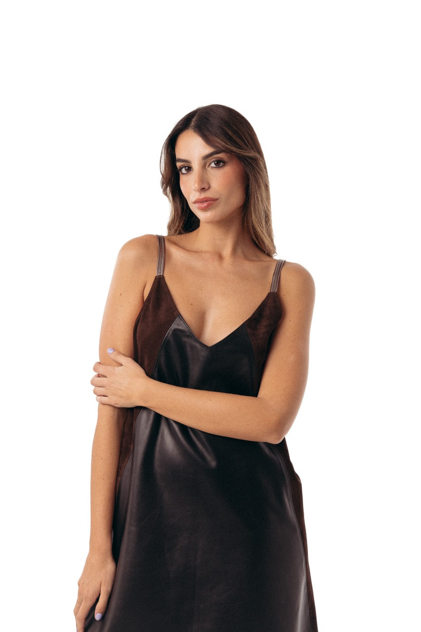 Vestido Zeus cuero negro y gamuza chocolate