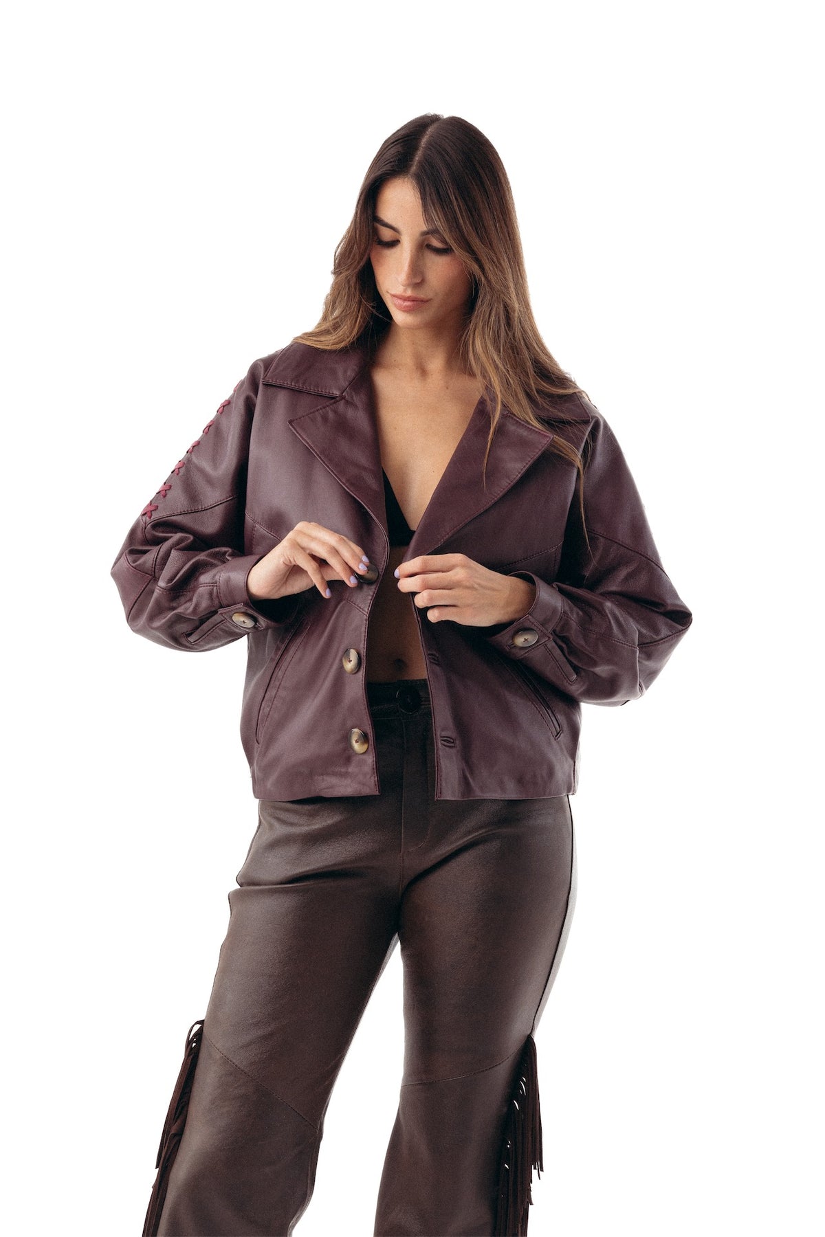 Campera de cuero ovino color vino forrada, Bowa Uruguay