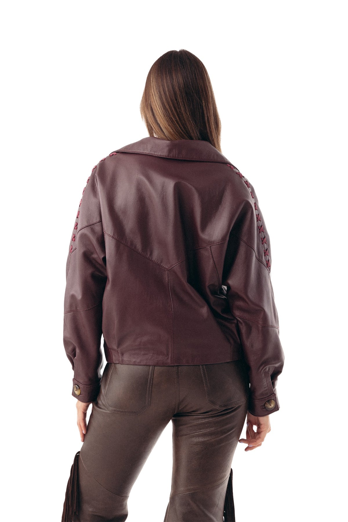 Bomber de cuero para mujer color vino, Bowa