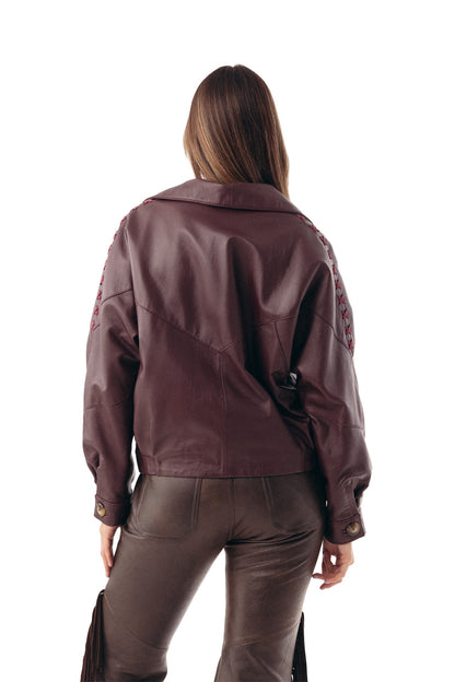 Bomber de cuero para mujer color vino, Bowa