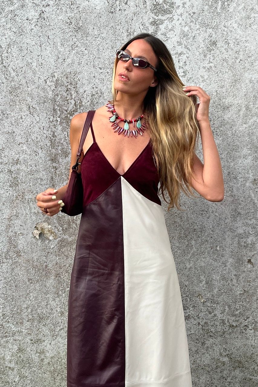 Vestido Trio cuero vino