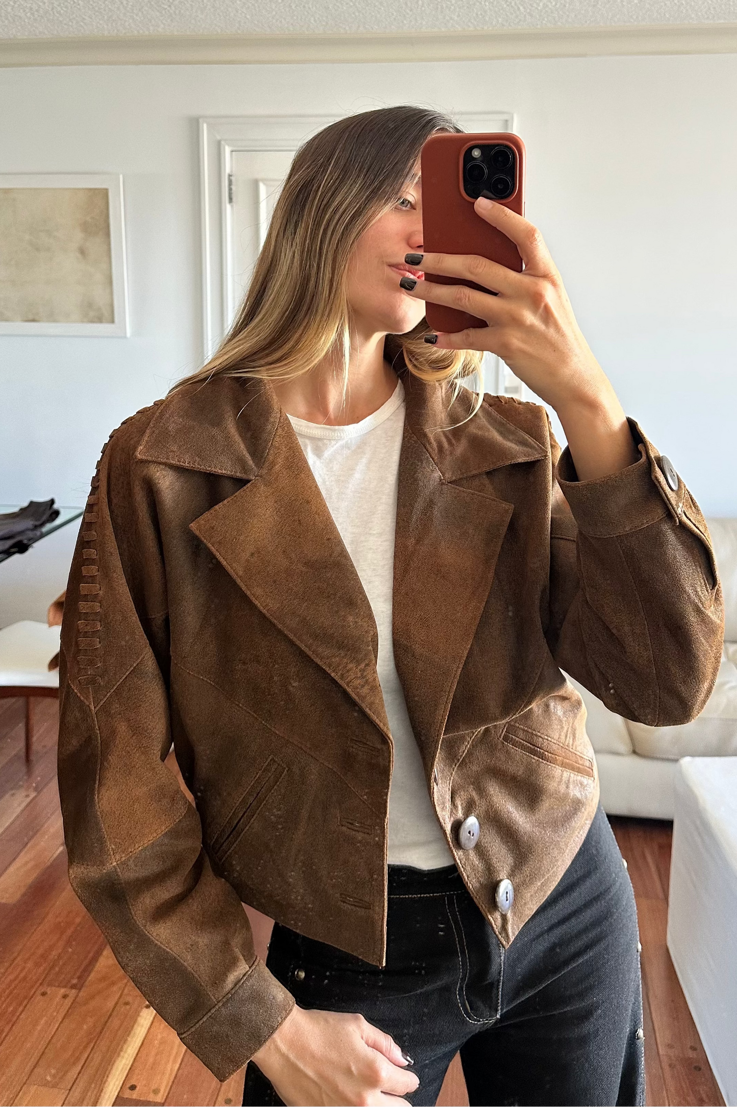 New Bomber Crop cuero marrón vintage