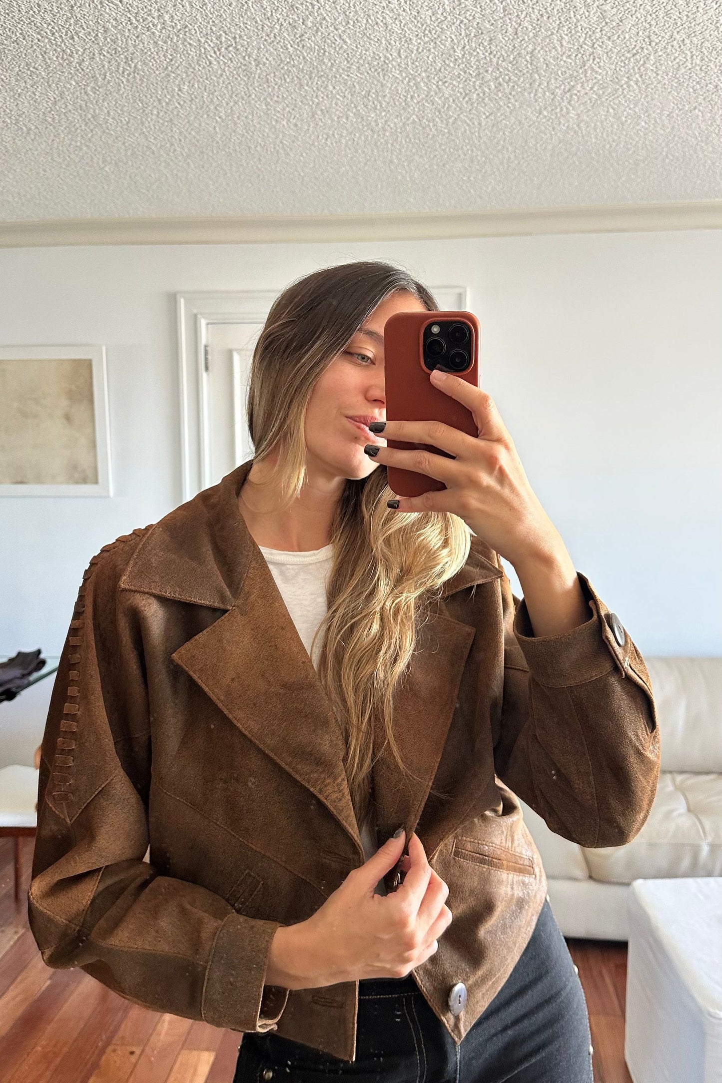 New Bomber Crop cuero marrón vintage