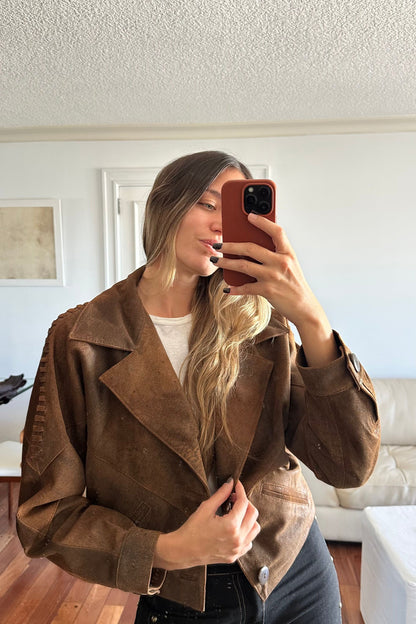 New Bomber Crop cuero marrón vintage