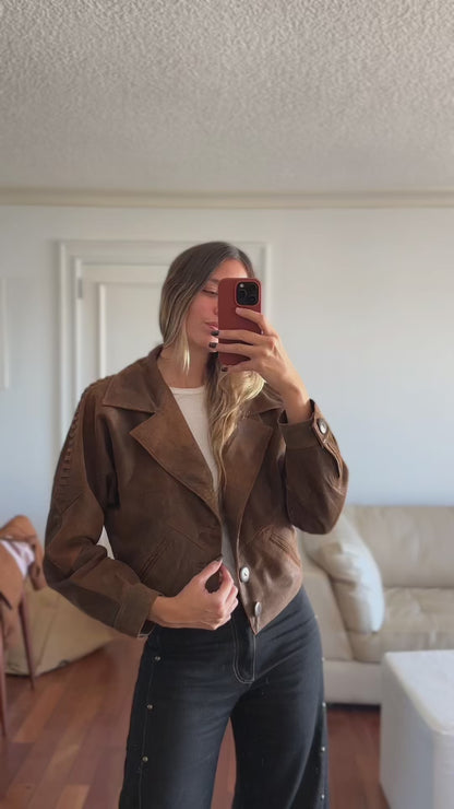 New Bomber Crop cuero marrón vintage